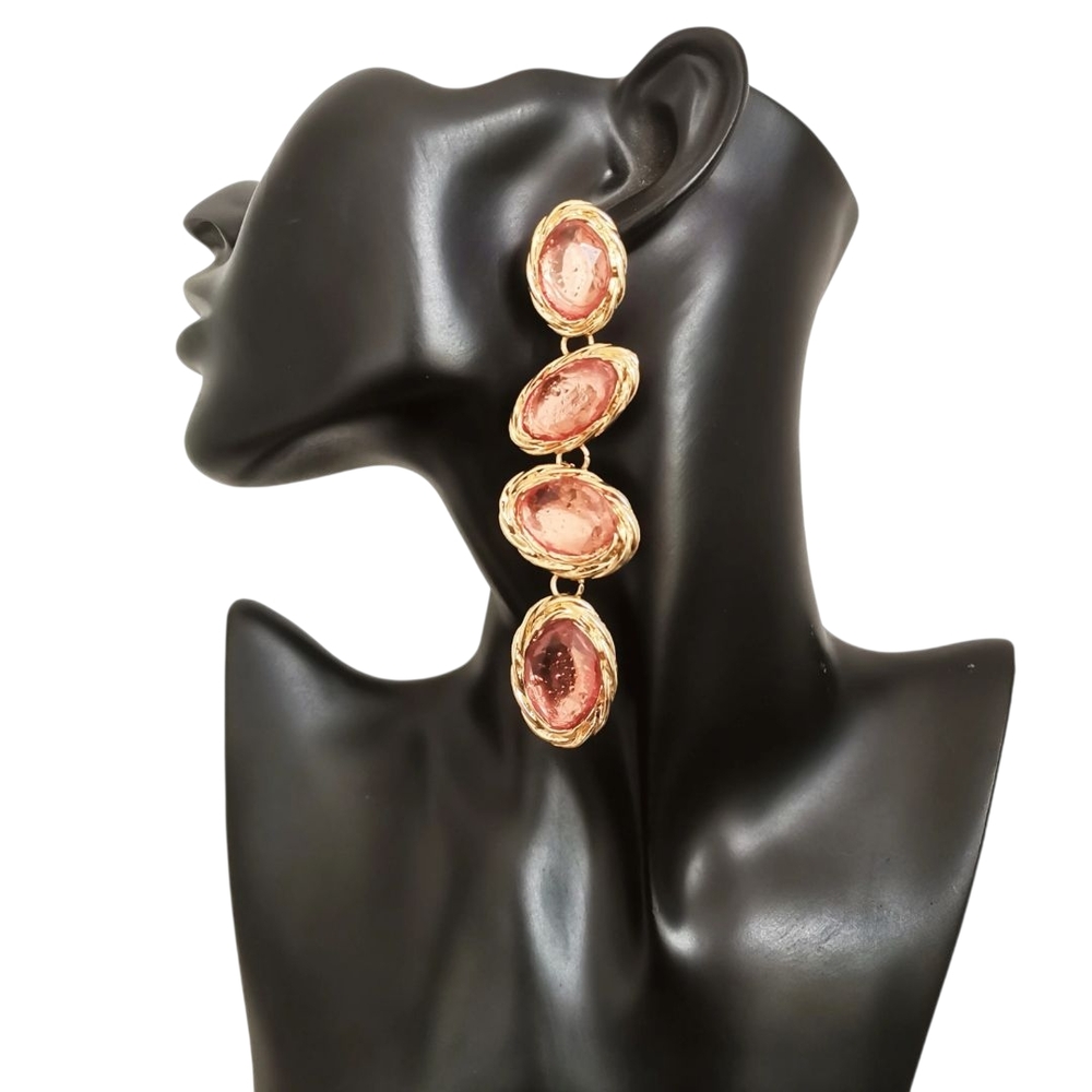 Gold and Pink Oval Gemstone Earrings
